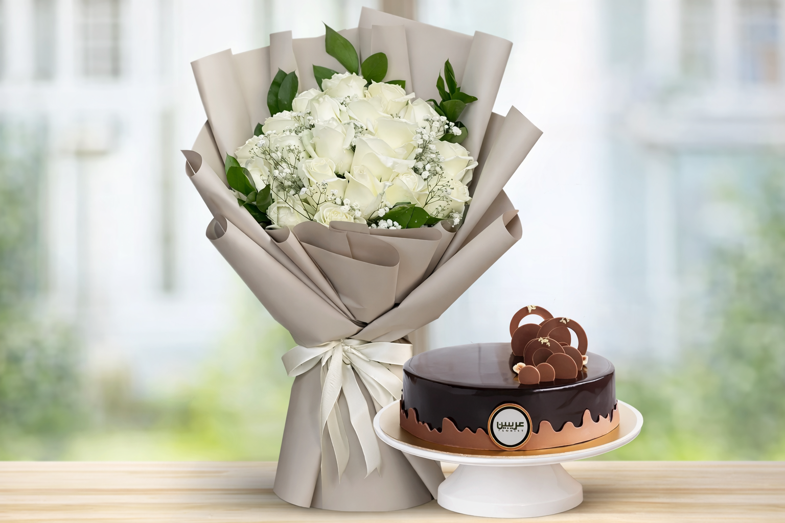 20 White Roses bouquet with Chocolate Cake
