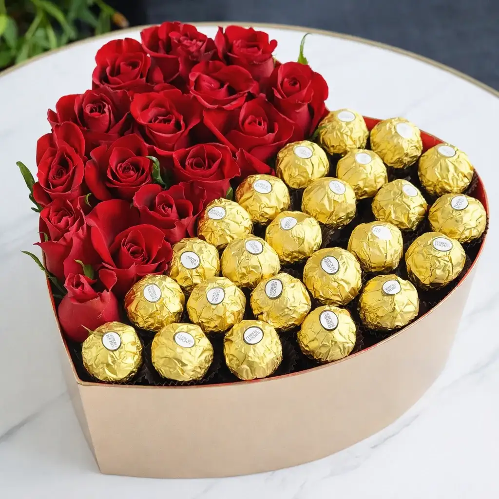 15 Red Roses & Ferrero Rocher Heart Box
