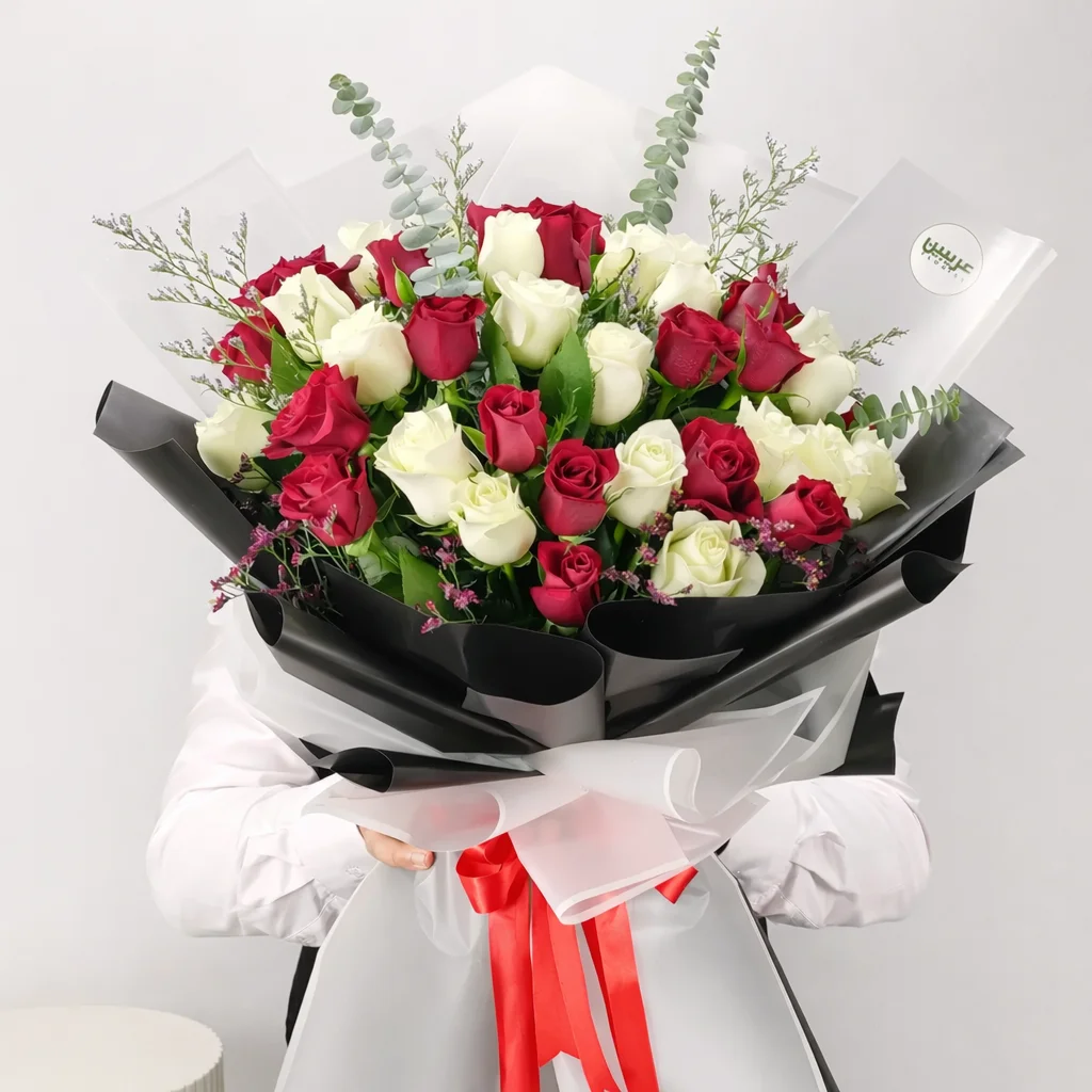 30 Stem Elegant White & Red Roses Bouquet