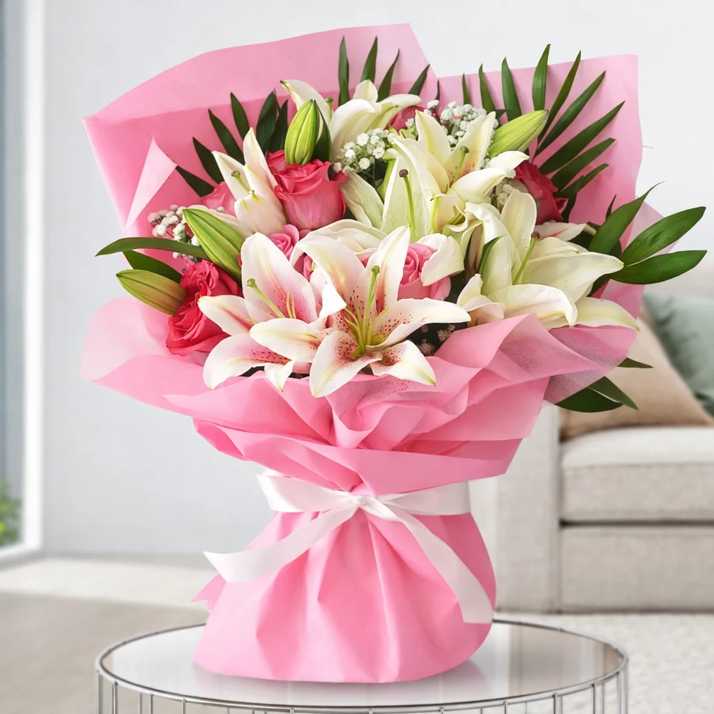 Bouquet Of 10 Pink Roses & 4 White Lilies with Fillers