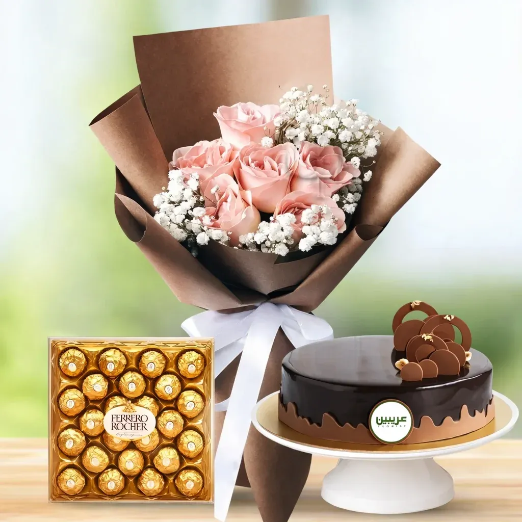 Sweet Peach Rose with Cake & Ferrero