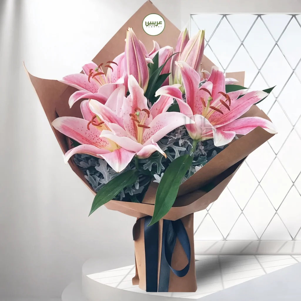 Bouquet of 3 Pink Lilies with Lush Foliage