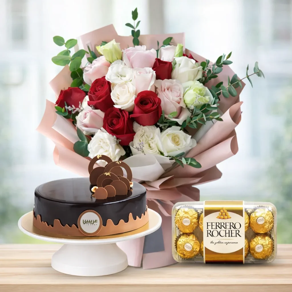 Bouquet of 20 Mixed Roses with Chocolate Cake & Ferrero Rocher