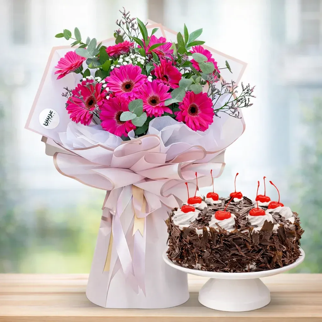 Bouquet of 10 Pink Gerberas with Black Forest Cake