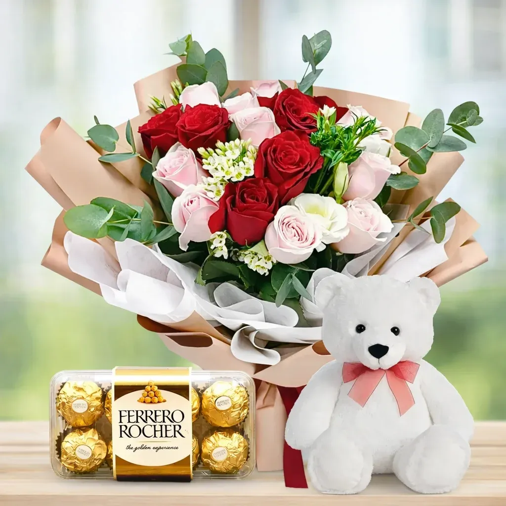 Red & Pink Roses Bouquet with Ferrero Rocher & Teddy