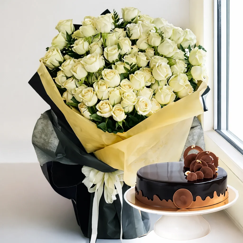 40 White Roses & Chocolate Cake