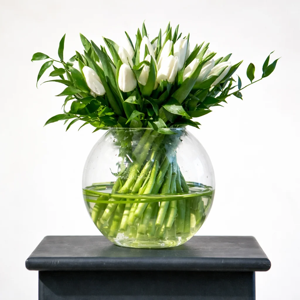 WHITE 30 TULIPS IN ROUND GLASS VASE